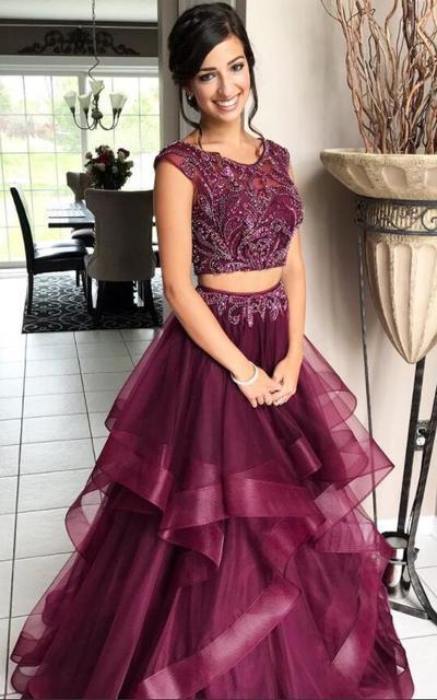 Purple Two Pieces Bateau A-line Long Evening Prom Dresses, 17560