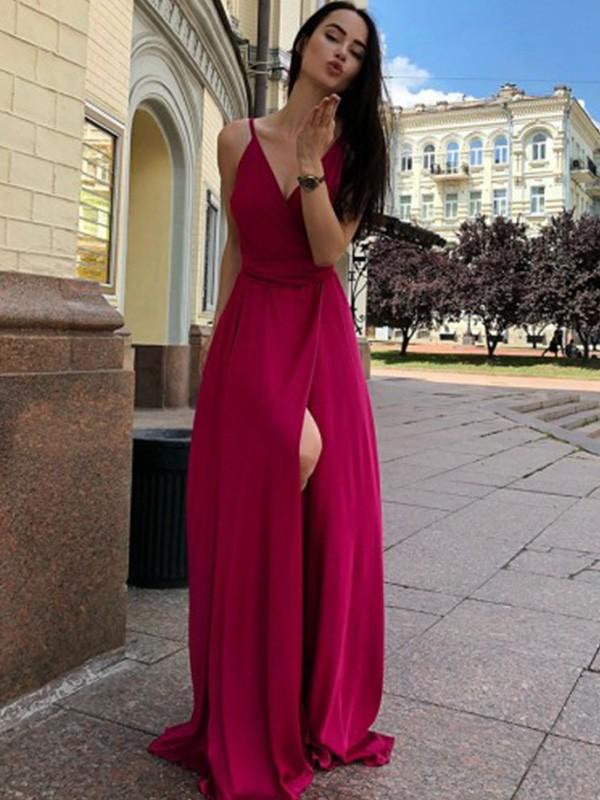 Red A-line Spaghetti Straps V-neck High Slit Long Prom Dresses Online,12441
