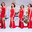 Red Mermaid One Shoulder High Slit Cheap Long Bridesmaid Dresses,WG1431