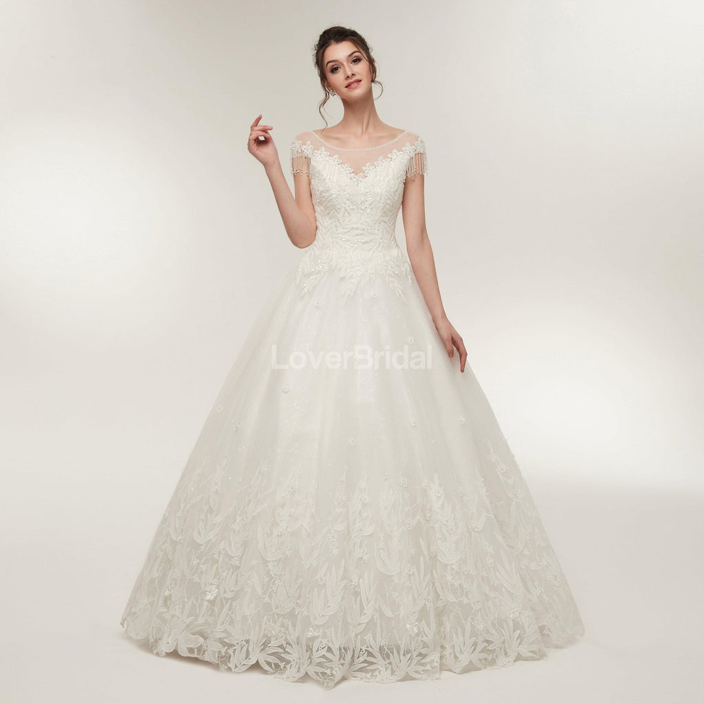 Scoop Cap Sleeves Lace A-line Cheap Wedding Dresses Online, Unique Bridal Dresses, WD570
