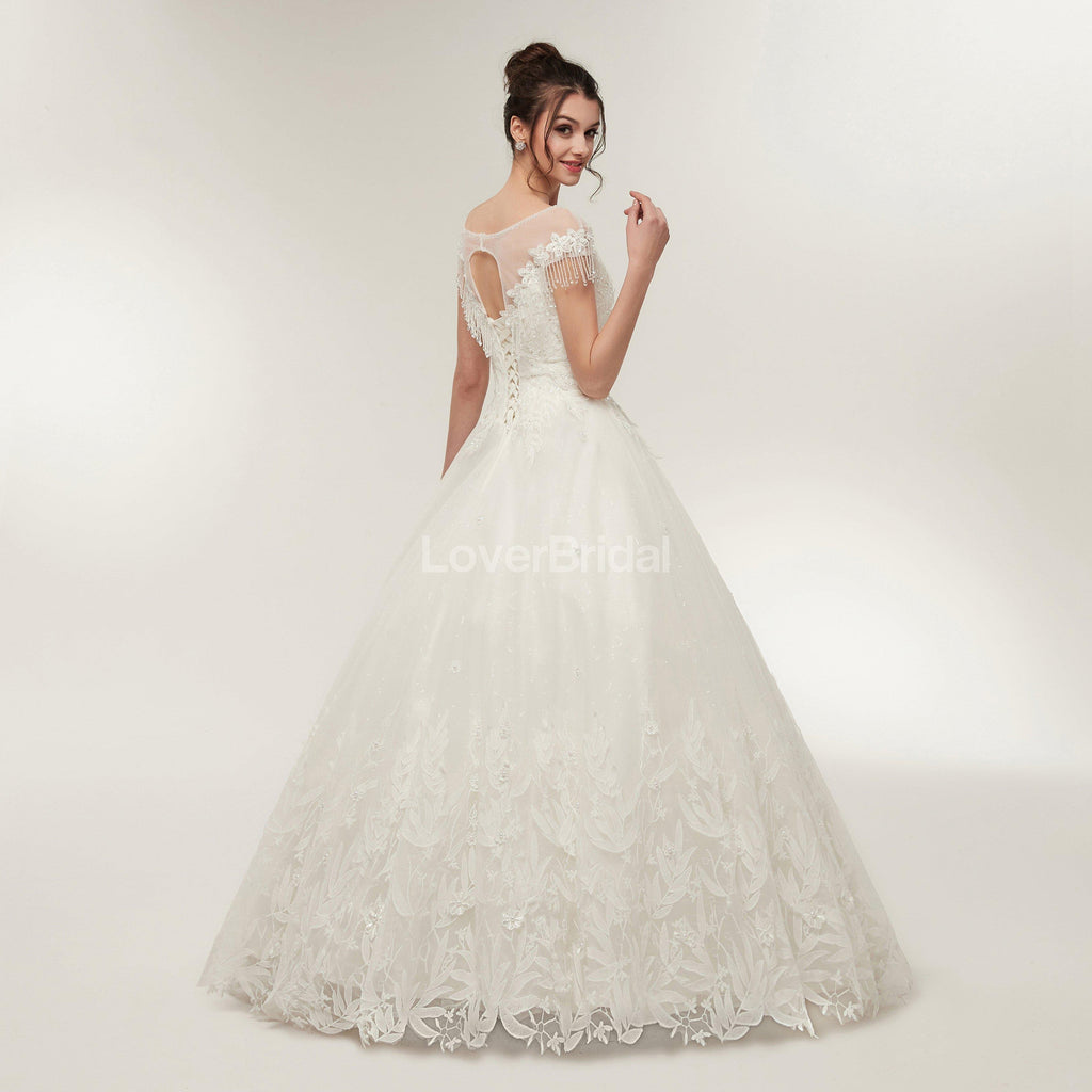 Scoop Cap Sleeves Lace A-line Cheap Wedding Dresses Online, Unique Bridal Dresses, WD570