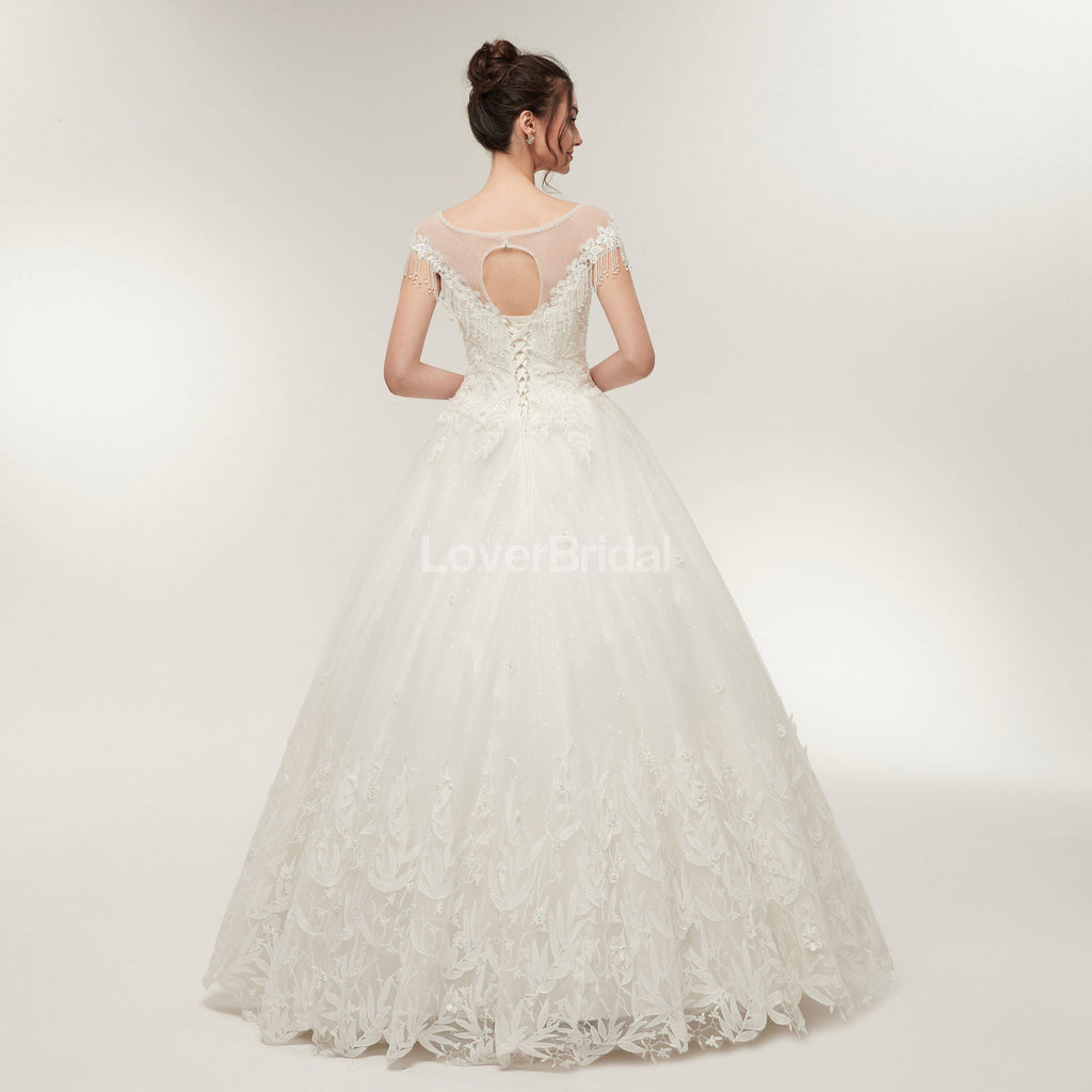 Scoop Cap Sleeves Lace A-line Cheap Wedding Dresses Online, Unique Bridal Dresses, WD570