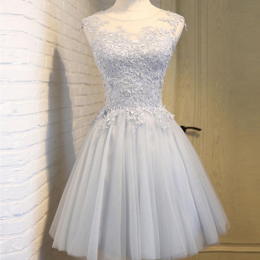 Scoop Neckline Gray Lace Cute Homecoming Prom Dresses, Affordable Short Party Prom Sweet 16 Dresses, Perfect Homecoming Cocktail Dresses, CM336