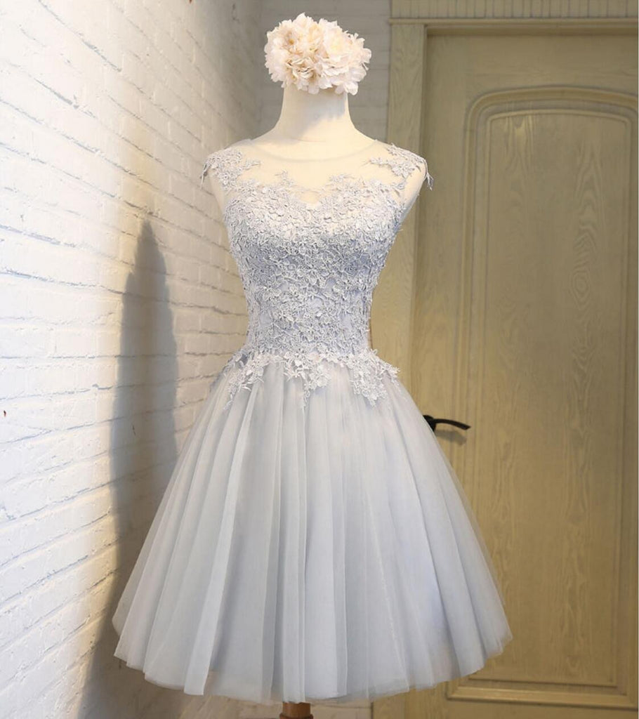 Scoop Neckline Gray Lace Cute Homecoming Prom Dresses, Affordable Short Party Prom Sweet 16 Dresses, Perfect Homecoming Cocktail Dresses, CM336