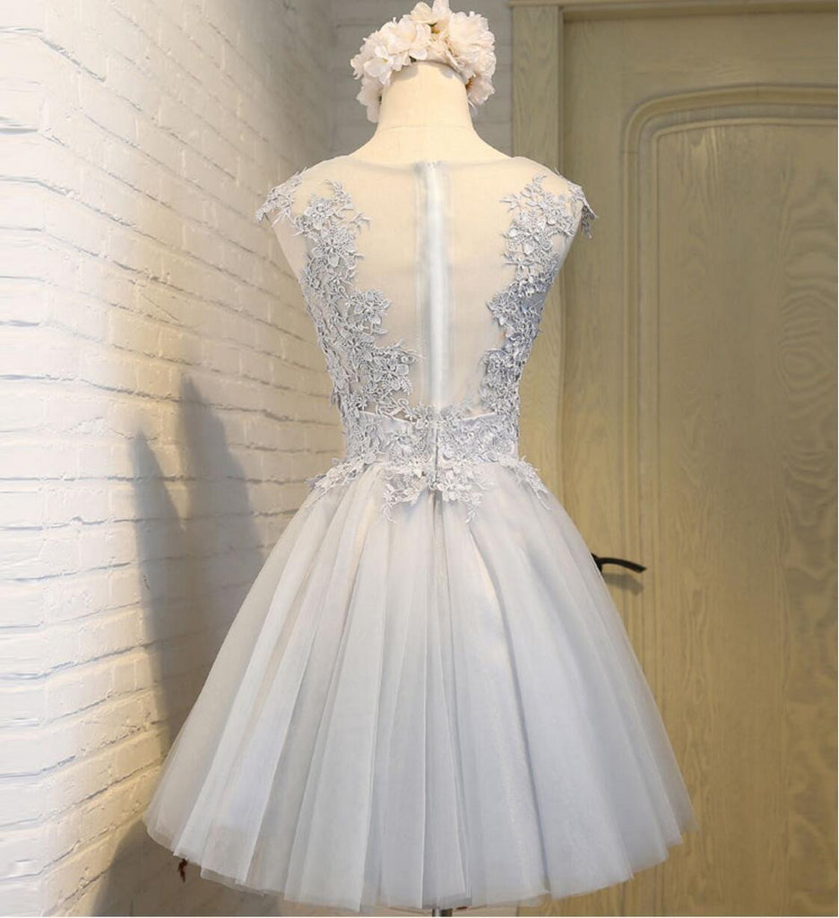 Scoop Neckline Gray Lace Cute Homecoming Prom Dresses, Affordable Short Party Prom Sweet 16 Dresses, Perfect Homecoming Cocktail Dresses, CM336