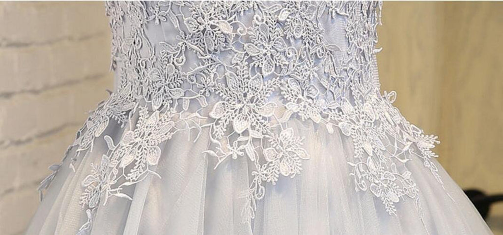 Scoop Neckline Gray Lace Cute Homecoming Prom Dresses, Affordable Short Party Prom Sweet 16 Dresses, Perfect Homecoming Cocktail Dresses, CM336