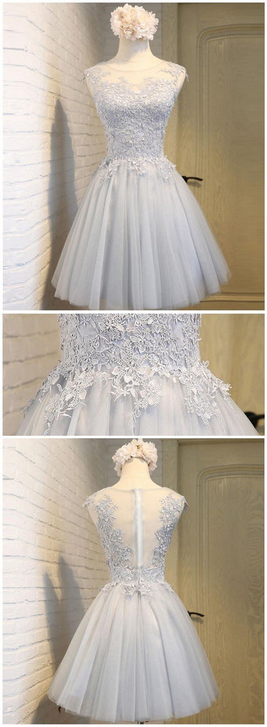 Scoop Neckline Gray Lace Cute Homecoming Prom Dresses, Affordable Short Party Prom Sweet 16 Dresses, Perfect Homecoming Cocktail Dresses, CM336