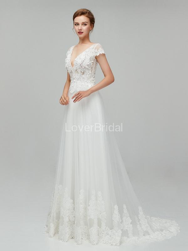 See Through Backless Cap Sleeves Cheap Wedding Dresses Online, Unique Bridal Dresses, WD562