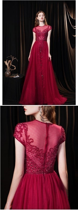 See Through Burgundy A-line Short Sleeves Long Prom Dresses Online,12576