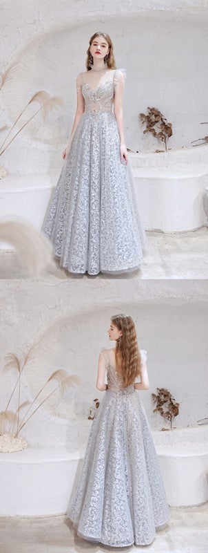 See Through Grey A-line Illusion Spaghetti Straps Long Prom Dresses Online,12565