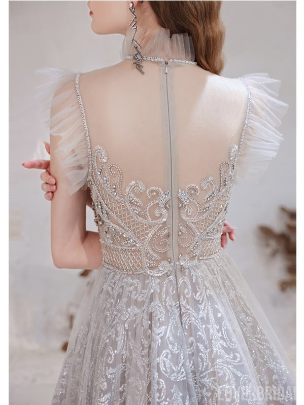 See Through Grey A-line Illusion Spaghetti Straps Long Prom Dresses Online,12565