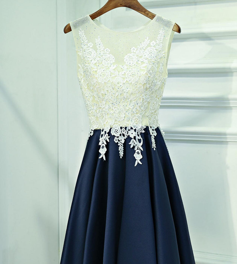 See Through Lace Navy Skirt Short Homecoming Prom Dresses, Affordable Corset Back Short Party Prom Dresses, Perfect Homecoming Dresses, CM244