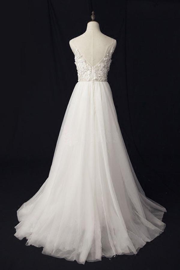 See Through V Neck Lace Cheap Custom A-line Long Wedding Bridal Dresses, WD290