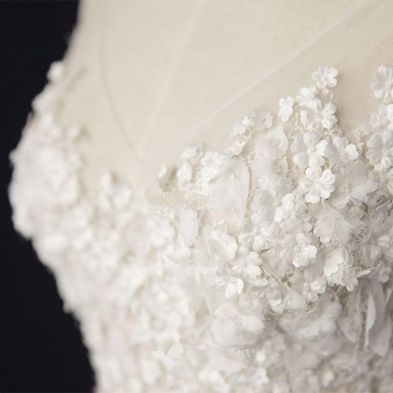 See Through V Neck Lace Cheap Custom A-line Long Wedding Bridal Dresses, WD290