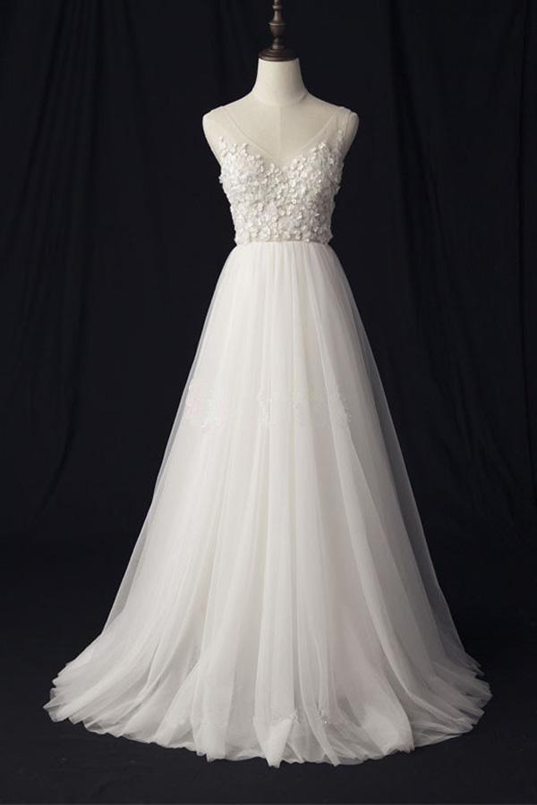 See Through V Neck Lace Cheap Custom A-line Long Wedding Bridal Dresses, WD290