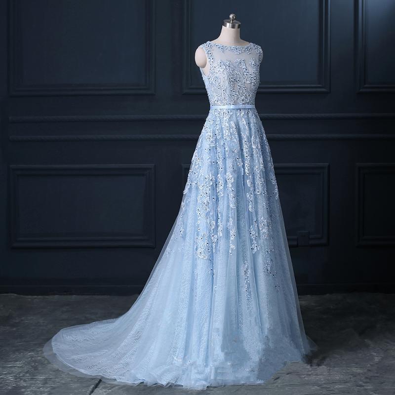 Sexy Backless Blue Lace Beaded Illusion A-line Long Evening Prom Dresses, 17664