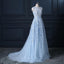 Sexy Backless Blue Lace Beaded Illusion A-line Long Evening Prom Dresses, 17664
