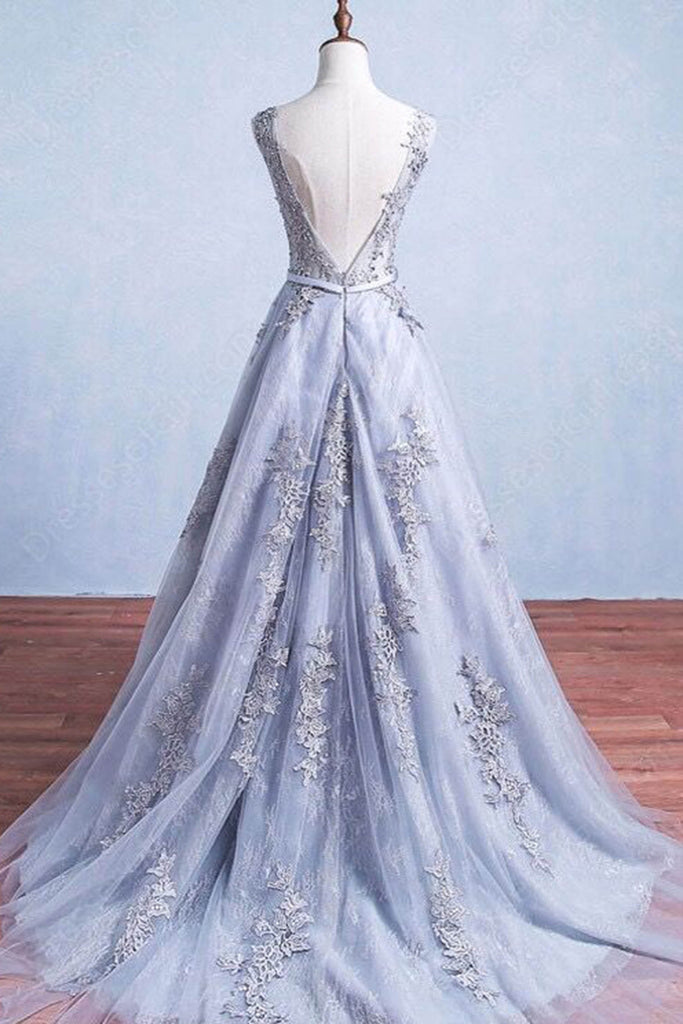 Sexy Backless Blue Lace Beaded Illusion A-line Long Evening Prom Dresses, 17664