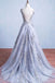 Sexy Backless Blue Lace Beaded Illusion A-line Long Evening Prom Dresses, 17664
