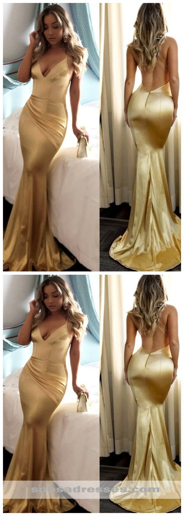 Sexy Backless Gold Mermaid Cheap Long Evening Prom Dresses, Cheap Sweet 16 Dresses, 18327