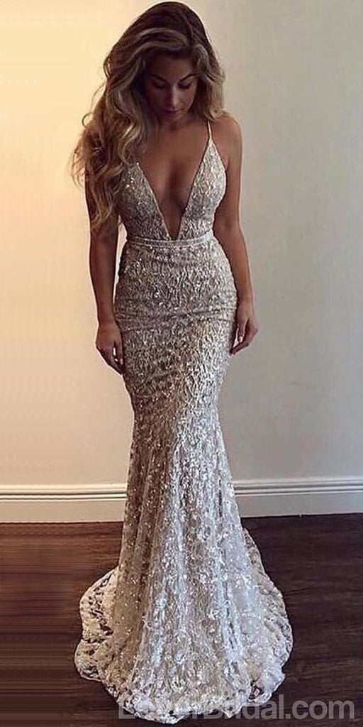 Sexy Backless Lace Beaded Mermaid Long Evening Prom Dresses, Cheap Custom Sweet 16 Dresses, 18566