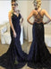 Sexy Backless Navy Lace Mermaid Long Evening Prom Dresses, 17698