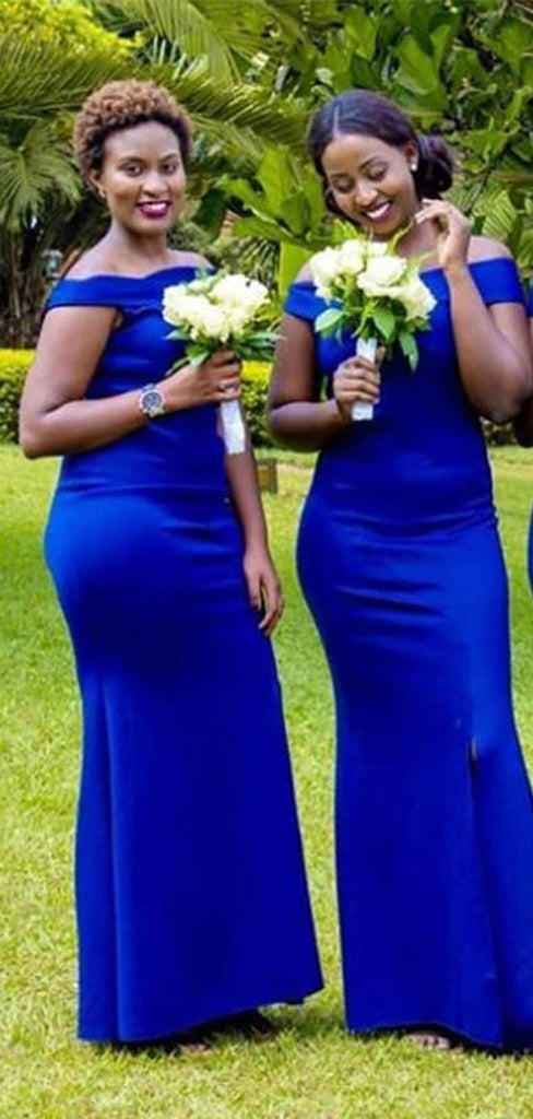 Sexy Blue Mermaid Off Shoulder Side Slit Long Bridesmaid Dresses,WG1051