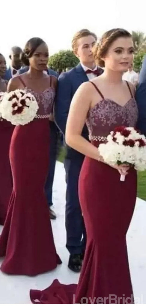 Sexy Burgundy Mermaid Spaghetti Straps Long Bridesmaid Dresses,WG1072