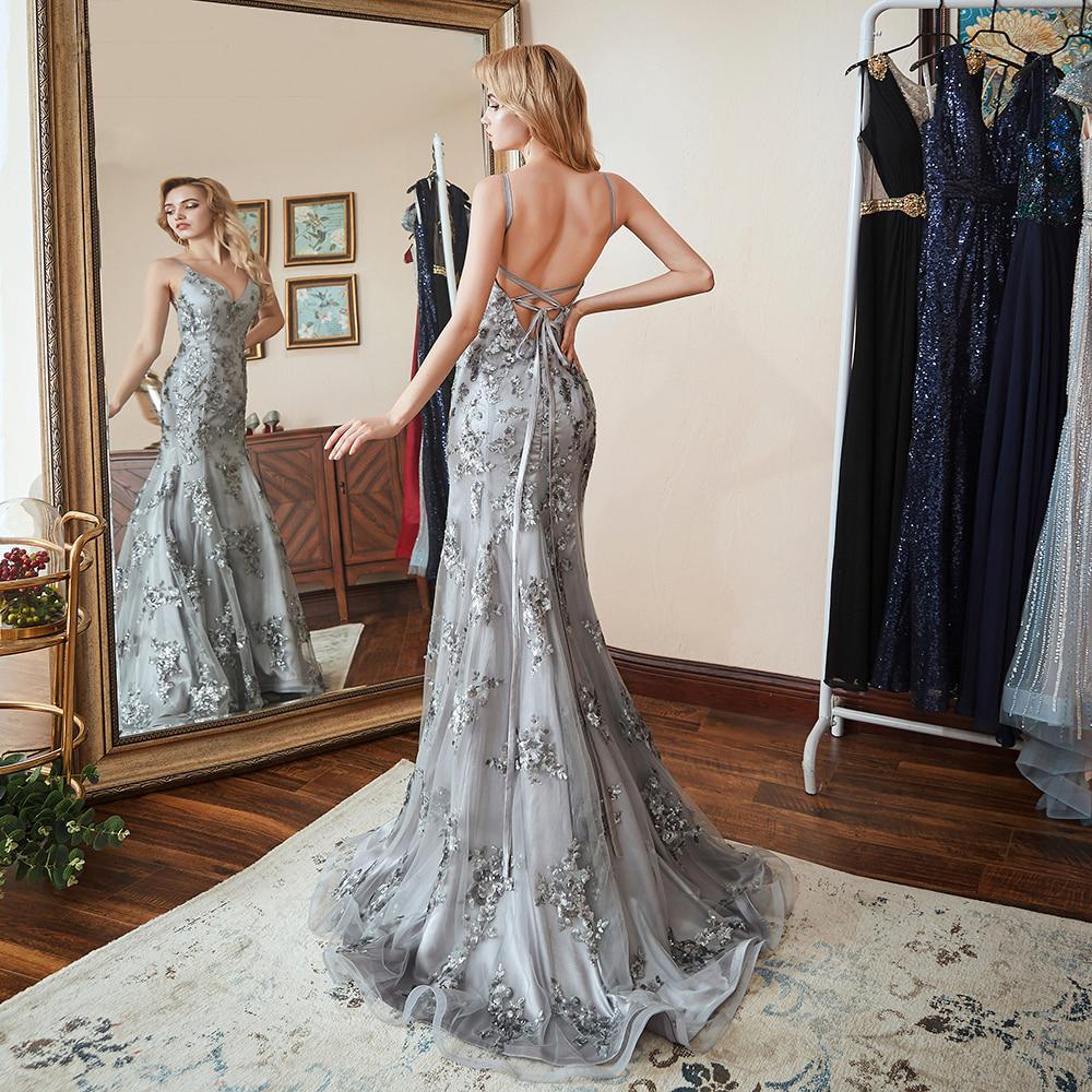 Sexy Grey Mermaid Spaghetti Straps V-neck Backless Long Party Prom Dresses Online,12365