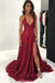 Sexy Lace V Neck Side Slit A-line Long Evening Prom Dresses, 17711