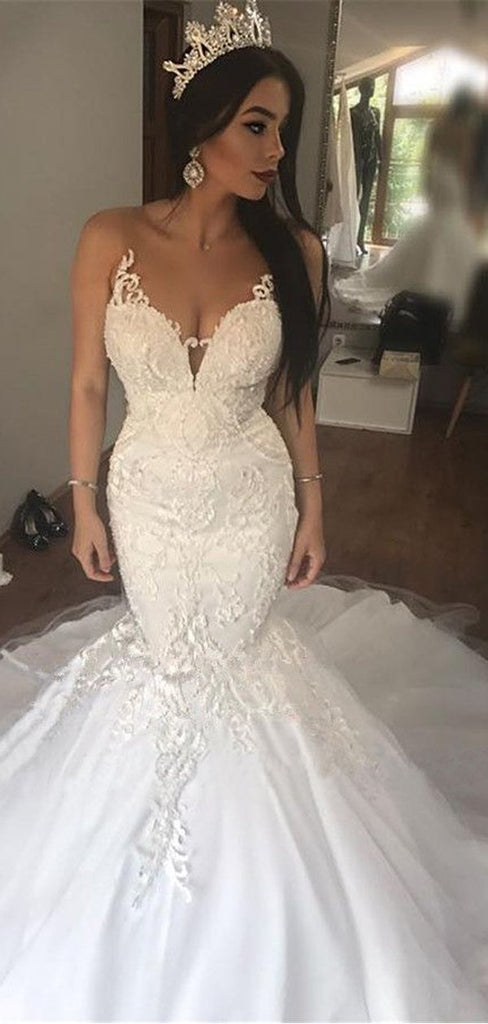 Sexy Long Mermaid Sleeveless V-neck Lace Wedding Dresses,WD767