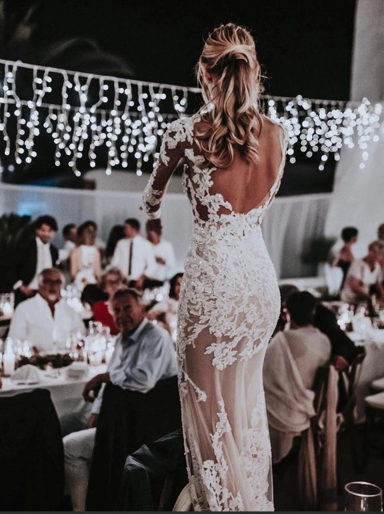 Sexy Long Sleeves Open Back Mermaid Wedding Dresses Online, Cheap Wedding Gown, WD659