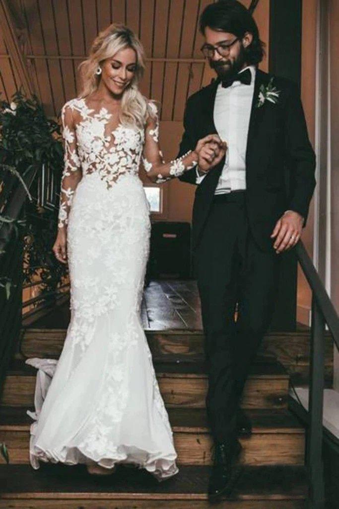 Sexy Long Sleeves See Through Mermaid Wedding Dresses Online, Cheap Wedding Gown, WD661
