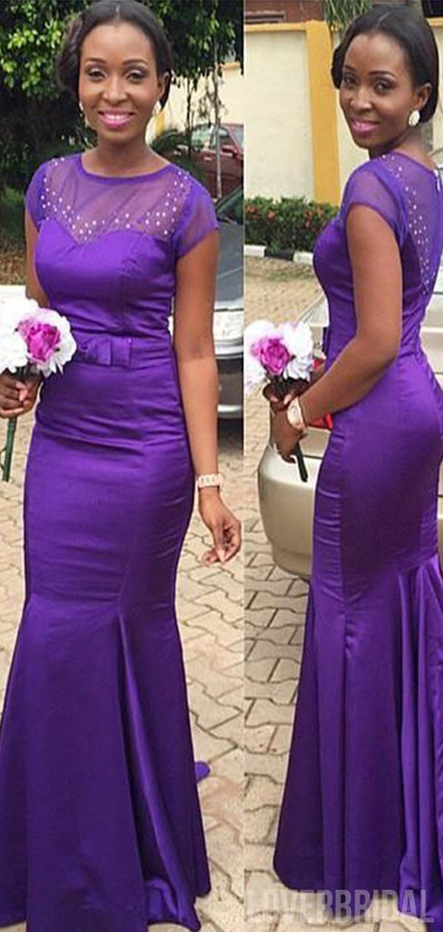 Sexy Mermaid Cap Sleeves Purple Illussion Cheap Long Bridesmaid Dresses Gown Online, WG869