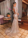 Sexy Mermaid Champagne Long Sleeves V-neck Cheap Prom Dresses Online,12395