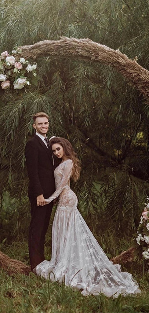 Sexy Mermaid Long Sleeves Jewel Handmade Lace Wedding Dresses,WD749