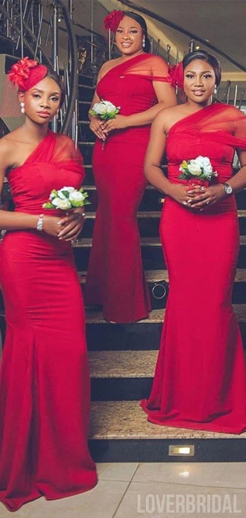 Sexy Mermaid Red One Shoulder Tulle Long Bridesmaid Dresses Gown Online, WG872