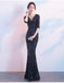 Sexy Navy Blue Mermaid V-neck Half Sleeveless Long Prom Dresses Online,12453