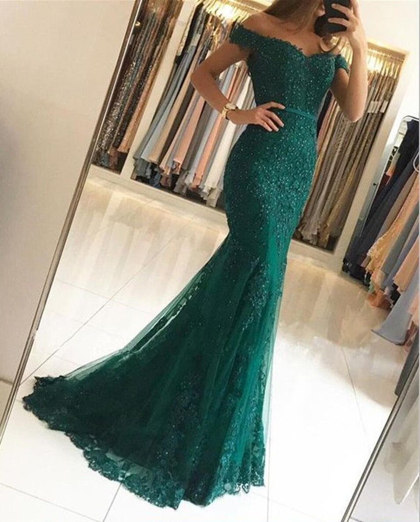 Sexy Off Shoulder Emerald Green Lace Beaded Mermaid Long Evening Prom Dresses, Popular Cheap Long Custom Party Prom Dresses, 17328