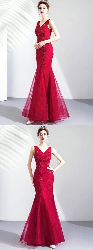 Sexy Red Mermaid V-neck Lace Applique Long Prom Dresses Online,12564
