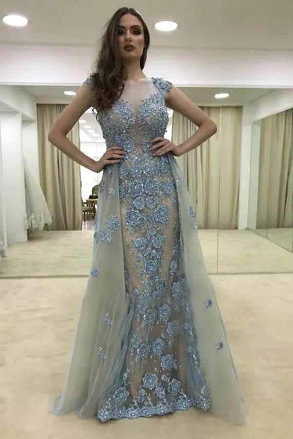 Sexy See Through Sparkly Cap Sleeve Mermaid Lace Beaded Pieces Long Evening Prom Dresses, 17466