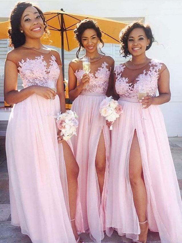 Sexy Side Slit Cap Sleeve Pink Custom Long Bridesmaid Dresses, WG233