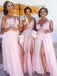 Sexy Side Slit Cap Sleeve Pink Custom Long Bridesmaid Dresses, WG233