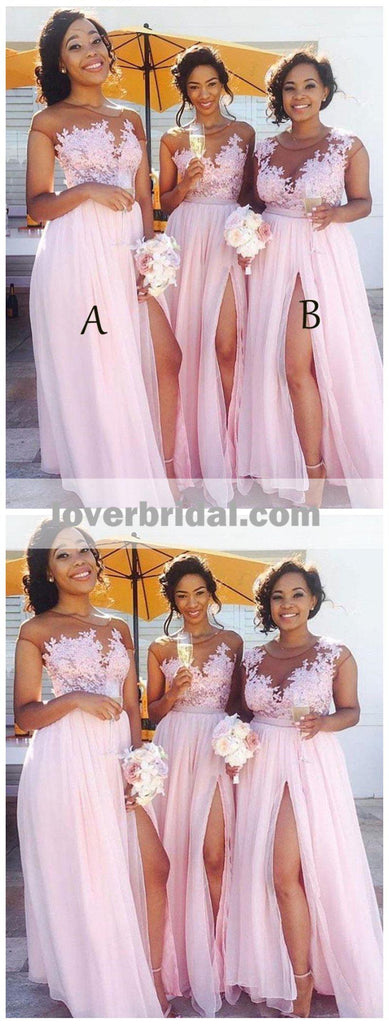 Sexy Side Slit Cap Sleeve Pink Custom Long Bridesmaid Dresses, WG233