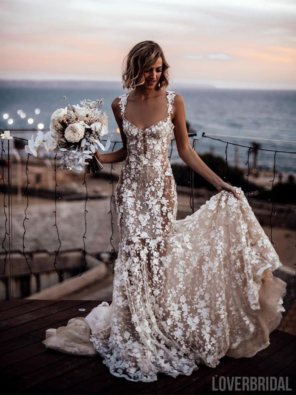 Sexy Straps Lace Mermaid Boho Wedding Dresses Online, WD725