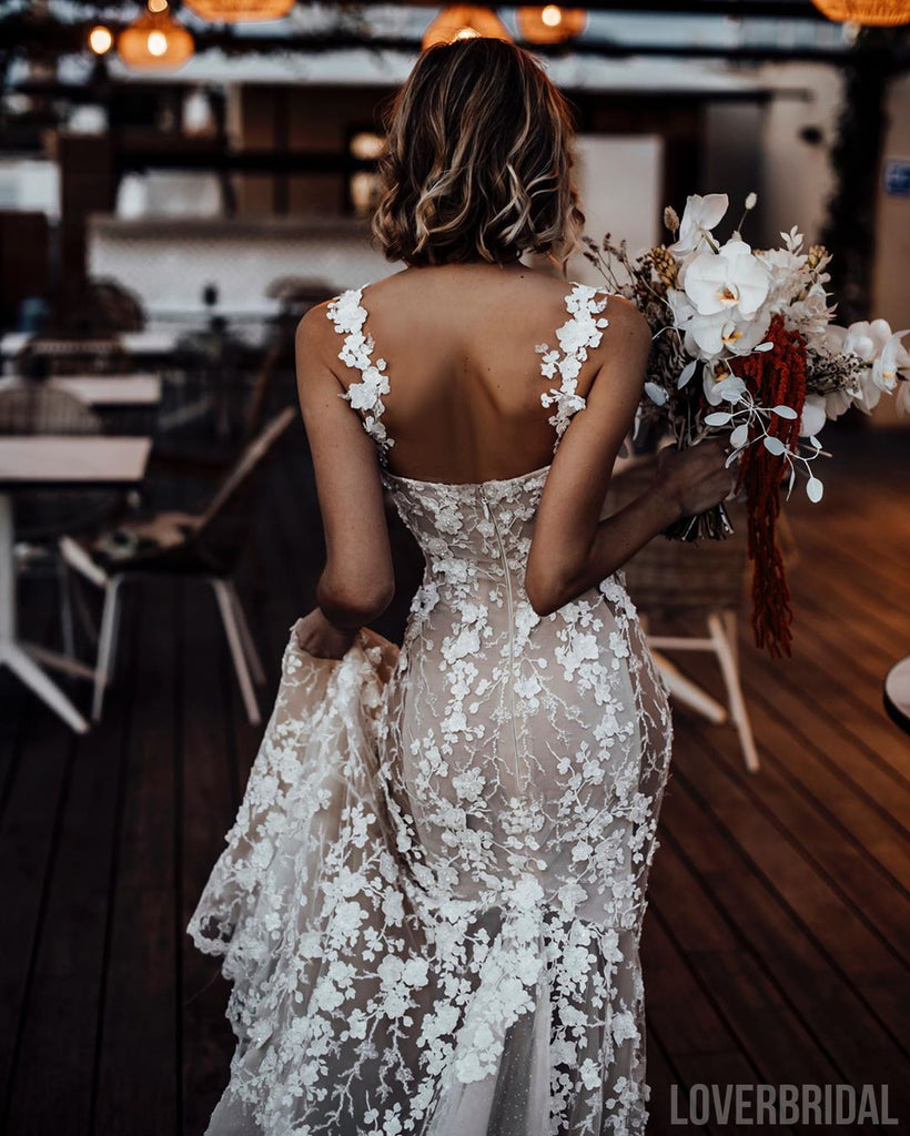 Sexy Straps Lace Mermaid Boho Wedding Dresses Online, WD725