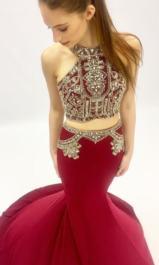 Sexy Two Pieces Beaded Dark Red Mermaid Long Evening Prom Dresses, 17571