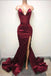 Sexy V Neck Burgundy Side Slit Mermaid Long Evening Prom Dresses, 17504