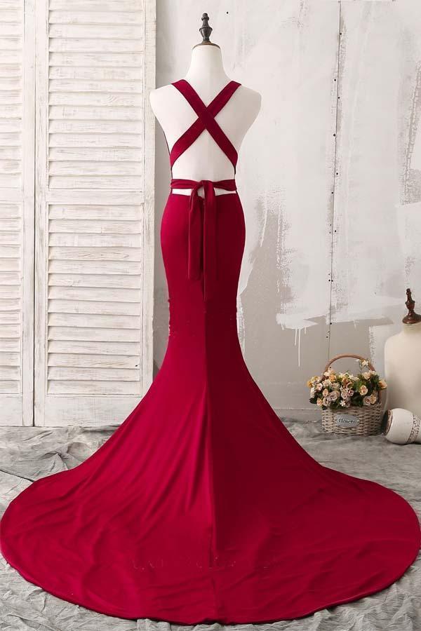 Sexy V Neck Dark Red Mermaid Long Evening Prom Dresses, 17657