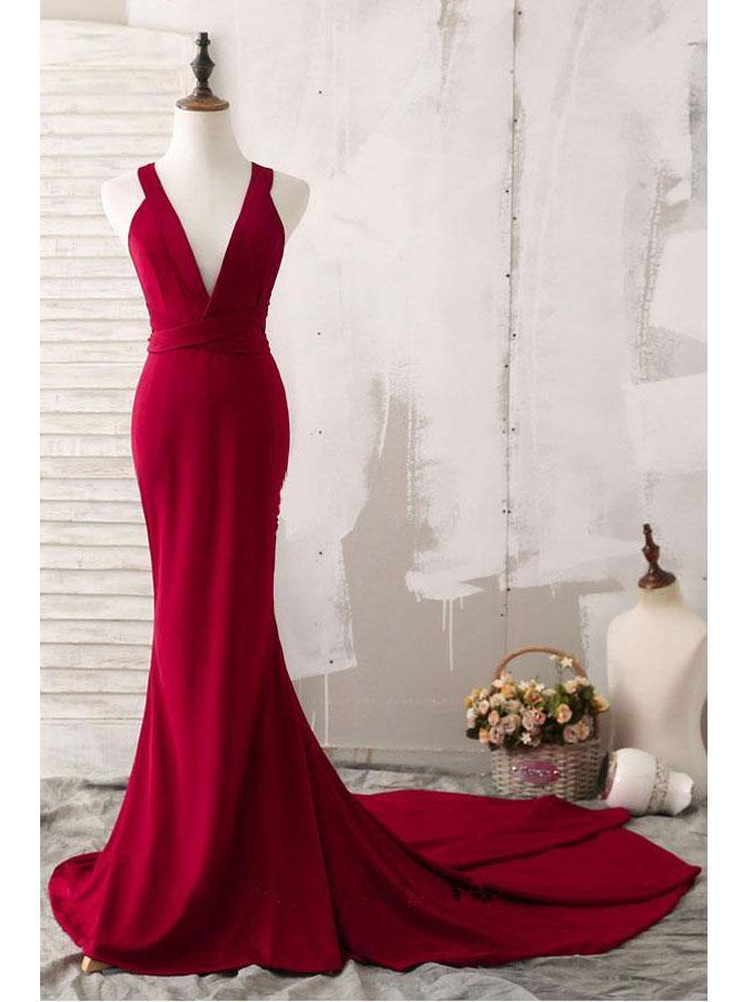 Sexy V Neck Dark Red Mermaid Long Evening Prom Dresses, 17657